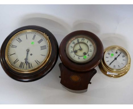 Late 19th/early 20th century mahogany cased wall clock with white enamel dial and shell inlay together with a further circula