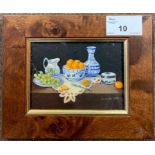 Enid Clarke R.M.S. (British,1919-2020), miniature still life with fruit, oil on board, signed,