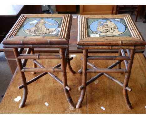 Pair of Victorian bamboo framed and tile topped occasional tables or plant stands, the tiles by Minton, 43cm highone tile cra