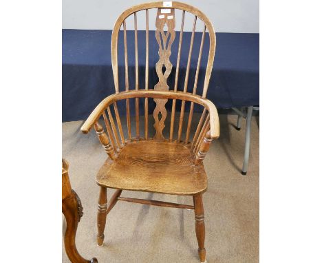Elm and ash Windsor style stick back chair with turned front legs and H-formed stretcher