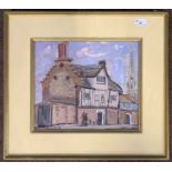 Patrick Boswell (British, b.1943), street scene with tudor buildings, distant cathedral and two
