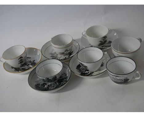 Group of 19th century English porcelain bat printed cups and saucers including a Minton example, pattern 119, and a similar p