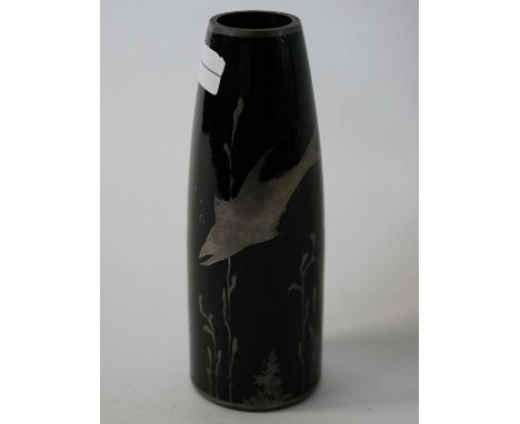 Glass vase with silver inlay decoration of fish amongst seaweed, possibly Japanese 16cm high