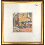 Judy Scott (British, contemporary), 'Blue & White Parasols in the Square-Biot' gouache, signed,