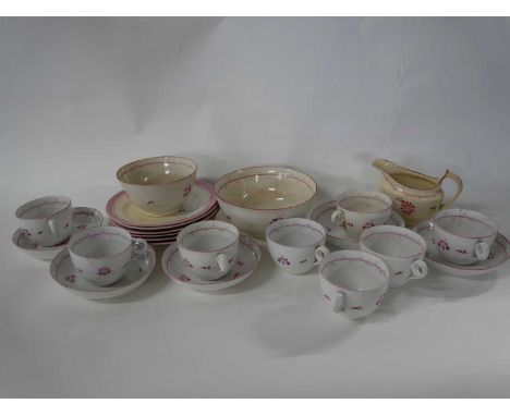 Part early 19th century English porcelain tea set, probably New Hall, all decorated with pink floral sprays, comprising five 