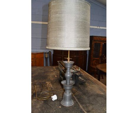 Pewter two branch table lamp of circular form, 82cm high ( Converted Chinese Alter candlestick)