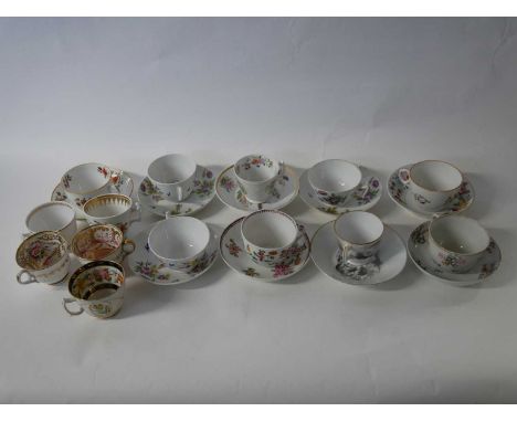 Group of English porcelain cups and saucers, mainly New Hall examples, with floral decoration and further back printed exampl