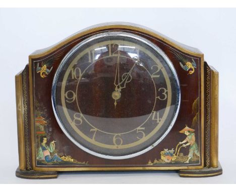 20th century mantel clock, the wooden case with chinoiserie design