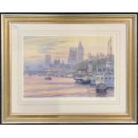 After Frank Shipsides (1908-2005), River Thames and Westminster, chromolithograph, signed in pencil,