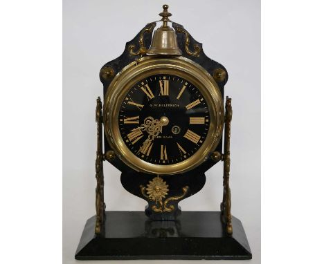 Late 19th/early 20th century Dutch mantel clock, the dial marked 'G W Helferich, Den Haag', the clock mounted on wooden base