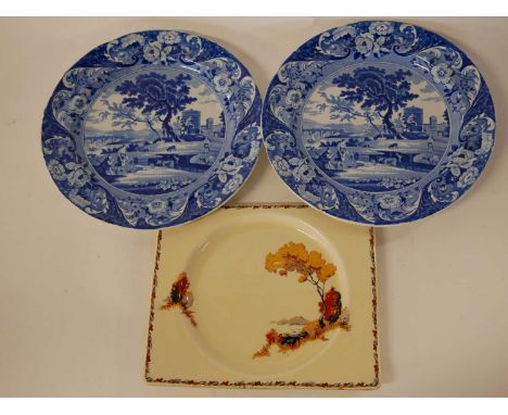 Biarritz Royal Staffordshire square dish with printed design, together with two Copeland Spode Italian type plates