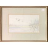 Jason Partner (British, 20th century), 'Wildfowl over the Broad', watercolour, signed and dated