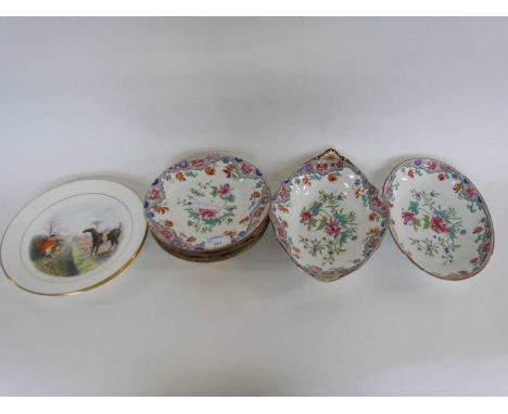 Quantity of Spode dinner wares in a printed famille rose design, together with two Wedgwood plates, one entitled 'Mr Horrocks