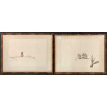 Attributed to Raymond Ching (b.1939), Fledgling Sparrow and a trio of owls perched on a branch,