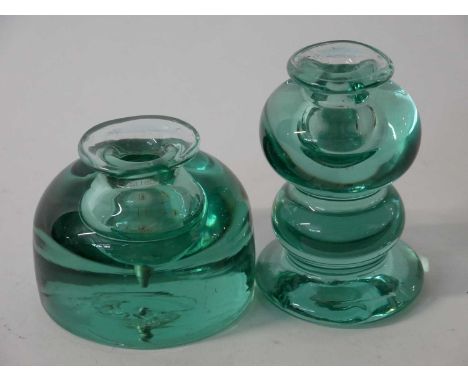 Victorian green dump glass inkwell together with a further green glass flask (lacking stopper), tallest 12cm high