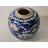 19th century Chinese porcelain jar with four character mark to base, the blue ground with prunus