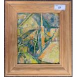 Majorie Jenkins (1905-1996), abstract view over buildings, oil on panel board, initialed, Abbott and