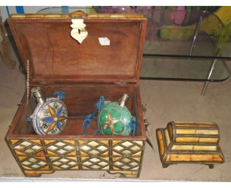 DOMED TRUNK, middle Eastern, 50cm x 32cm x 40cm H and two flasks and another box. (2)