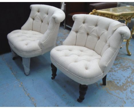 BEDROOM CHAIRS, a pair, button back in oatmeal fabric on front castors, 70cm W. (2)