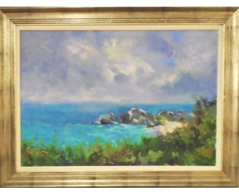 20TH CENTURY SCHOOL, 'Seascape and Rocks', oil on canvas, 60.5cm x 91cm, signed lower left and framed. 
