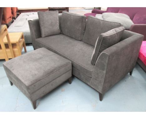 SOFA, two seater, upholstered in dark grey fabric with wooden plinth, 192cm L, and a matching ottoman. (2)