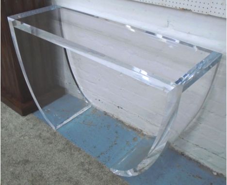 CONSOLE TABLE, from Nigel Carew Jones, perspex with curved legs, 120cm L x 38cm W x 75cm H. 