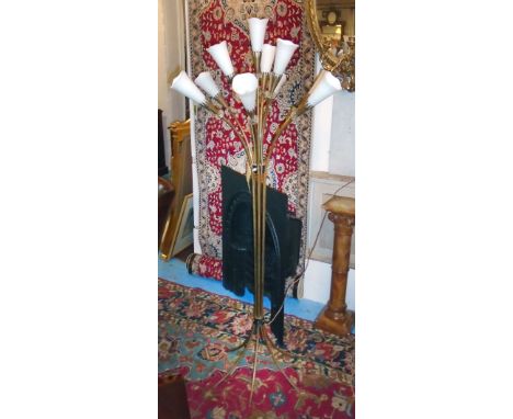 FLOOR LAMP, French, mid 20th century, ten gilt metal branches and opaque conical shades, 175cm H. 