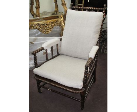 OPEN ARMCHAIR, George IV beechwood with bobbin turned frame and taupe cushions, 66cm W. (with faults, parts later)