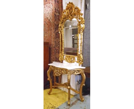 CONSOLE TABLE AND MIRROR, Rococo style gilt framed with serpentine marble top and arched plate, mirror 144cm H x 77cm, table 