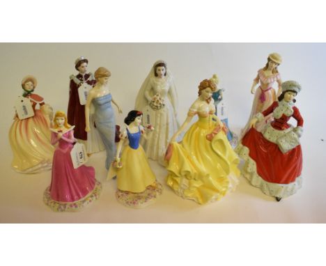 Three Royal Doulton Walt Disney Princess figures, Snow White, DP5, Sleeping Beauty, DP2, and Cinderella, DP1, five other Roya