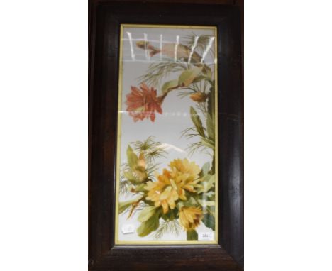 A tile, painted flowers and foliage, 53.5 x 23 cm, and a hunting print (2)