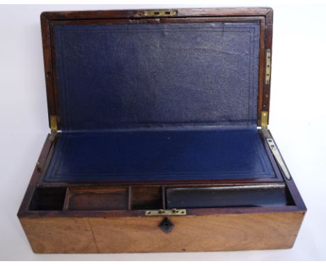 A 19th century mahogany tea caddy, 38 cm wide, a writing slope, a fire screen, with an embroidered Trinity College Cambridge 