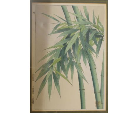 A Japanese coloured print, Bamboo, and another, Mount Fuji through bamboo, (2)