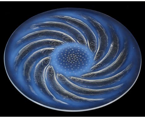 A Lalique clear and opalescent glass Poissons No. 2 plate, decorated fish, the base moulded R LALIQUE, 31 cm diameter  See il