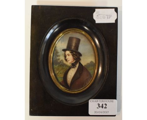 A bust portrait miniature, of a woman wearing a stove pipe type hat, 8 x 5.5 cm