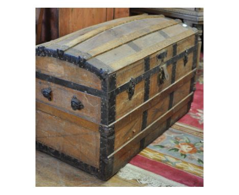 A Victorian hoop back kitchen armchair, a dome top trunk, a low stool, and two chairs (5)