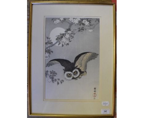 An Ohara Koson woodblock print, Owl in Flight, with a four character mark