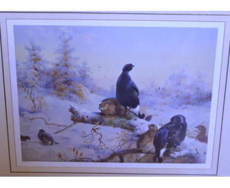 An Archibald Thorburn limited edition print, Grouse, 252/850, five other prints, assorted horse brasses, carriage lamps, and 