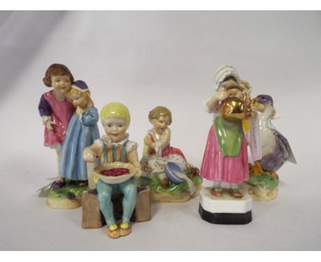 Five Royal Worcester nursery rhyme figures, Goosie Goosie Gander, 3304, Polly Put the Kettle On, 3303, Little Miss Muffet, 33