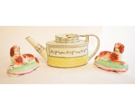 A Sunderland lustre teapot and cover, damaged, 13 cm high, a pair of Staffordshire pottery dogs, other ceramics, glass and it