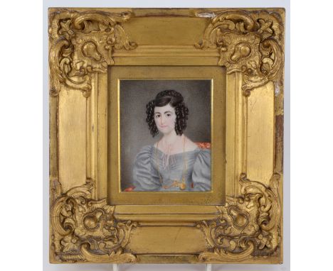A 19th century half length portrait miniature, of a lady with ringlets, wearing a gold chain and fob watch, watercolour, 9.5 