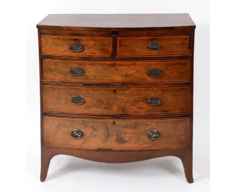 A 19th century inlaid mahogany bow front chest, of two short and three graduated long drawers, on bracket feet, 102 cm wide  