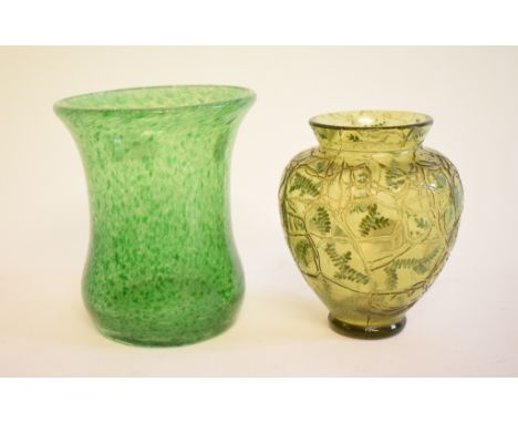 A Loetz style green glass vase, with enamel decoration, 12.5 cm high, and a Monart style vase, 14 cm high (2) 