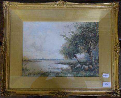 J R Miller, a landscape with sheep by a tree in the foreground and a windmill visible on the horizon, watercolour, signed, 26