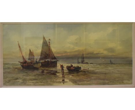 A Watts, a seascape with sailing boats, watercolour, signed and dated 1907, 24 x 51 cm 
