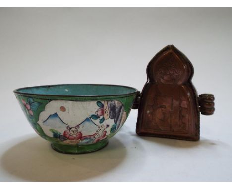 A copper reliquary box, 9 cm high, and a Cantonese enamel bowl (a.f.) (2)