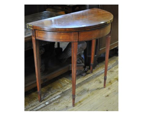 A George III inlaid satinwood D shaped card table, on tapering square legs, 86.5 cm wide   Condition report  Market fresh, qu