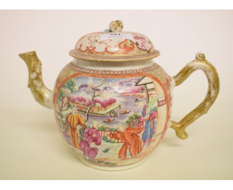 A Chinese porcelain teapot and cover, with painted and gilt decoration, spout chipped and repaired, 18.5 cm high   Condition 