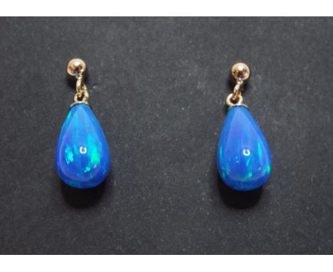 A pair of 9ct gold and Gilson black opal teardrop earrings