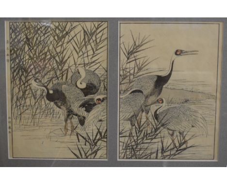 A Japanese coloured woodblock print, in two sections, Cranes, with two four character marks